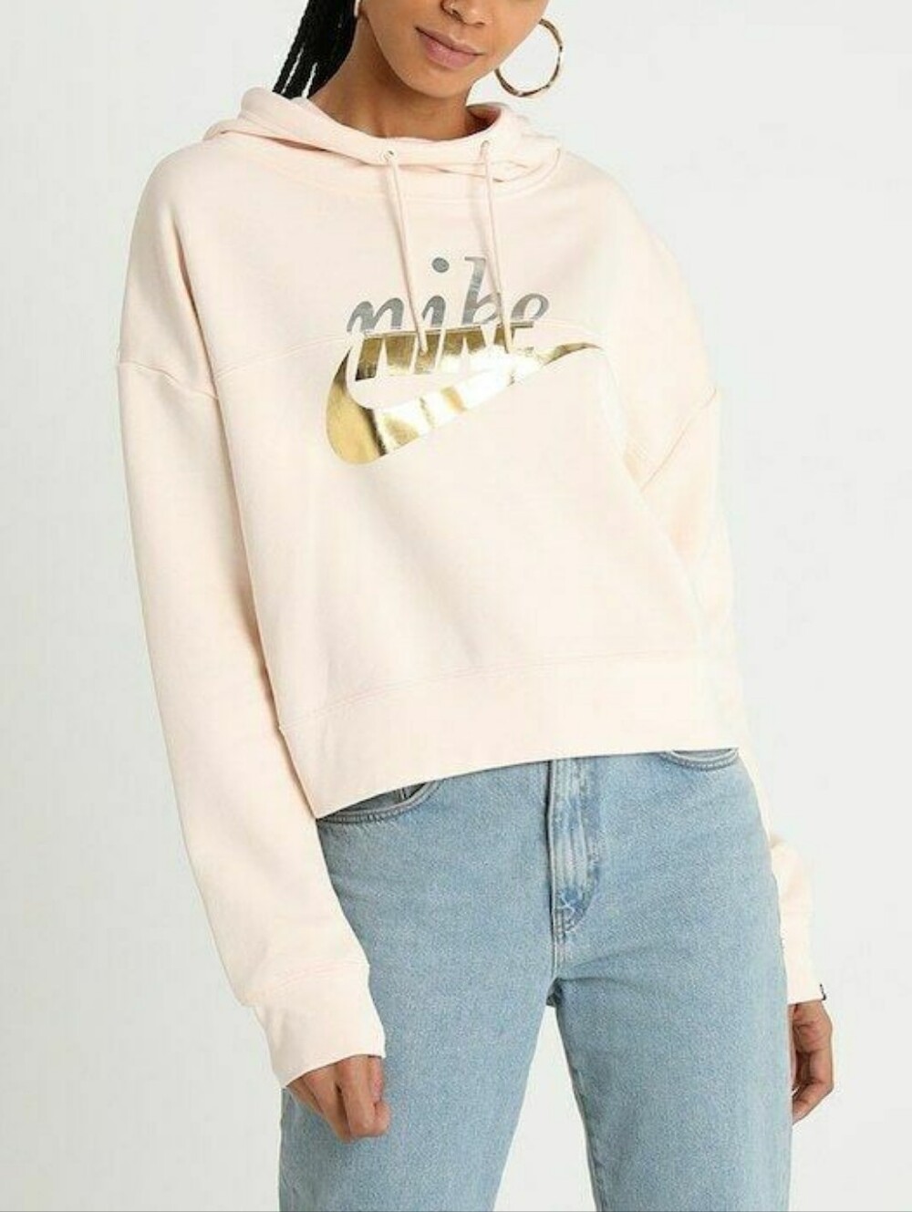 Nike Rally Pink Metallic Swoosh Graphic Logo Crop Pullover Hooded Sweatshirt